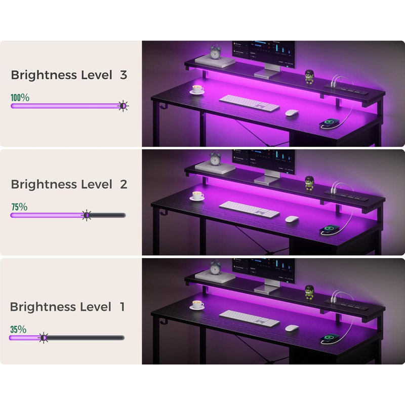 Gaming Desk with LED Lights & Power Outlet, 48 Inch Computer Desk with Drawer, Reversible Desk with Adjustable Monitor Shelf & Headphone Hook for Home Office, Black