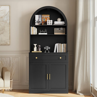 71" Arched Display Cabinet Bookcase, Storage Display Bookcase With Open Shelves And Cabinet by Mercer41