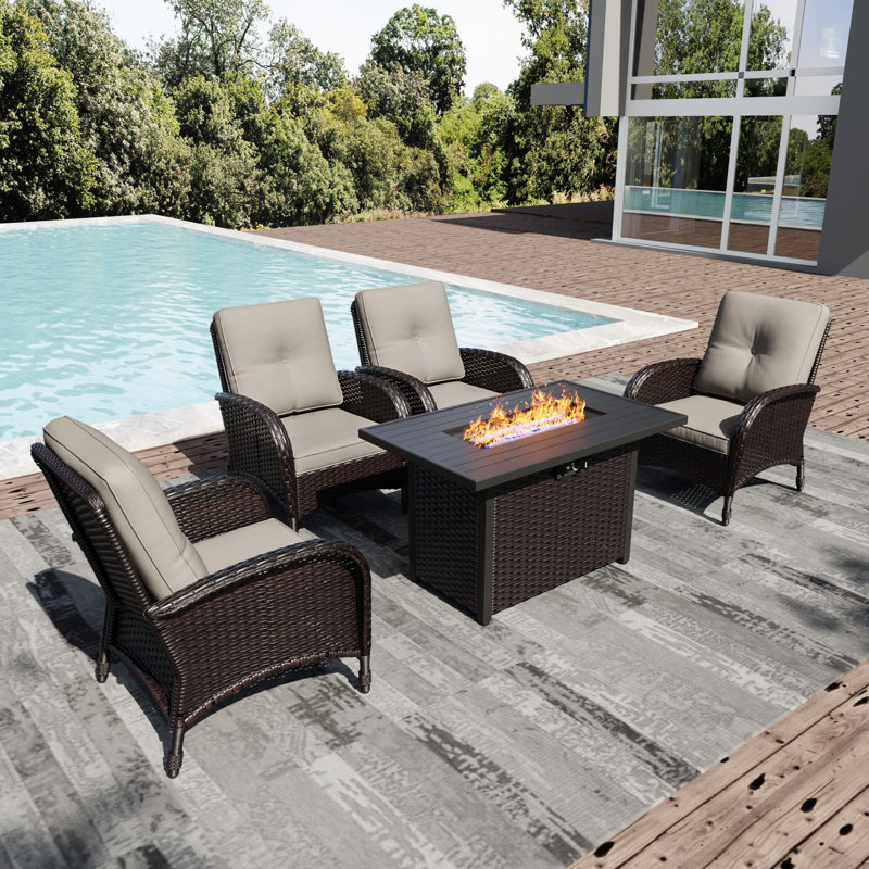 Ensemble de 4 tables d'extérieur en osier pour 4 personnes avec 4 chaises et coussins PE, Beige