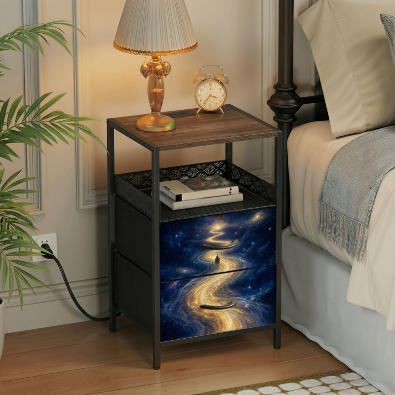 Table de chevet 2 tiroirs avec station de charge, table de chevet avec ports USB et amp; Table de chevet noire Outlet
