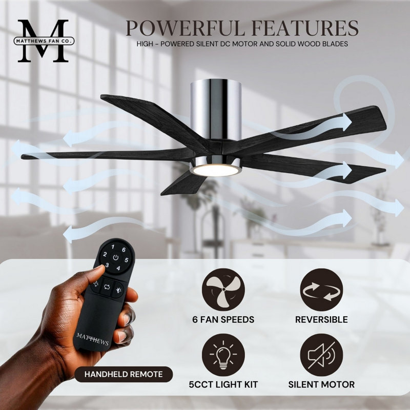 Irene Flushmount Light Kit 5 Blade LED Ceiling Fan, Polished Chrome, Matte Black, 42"