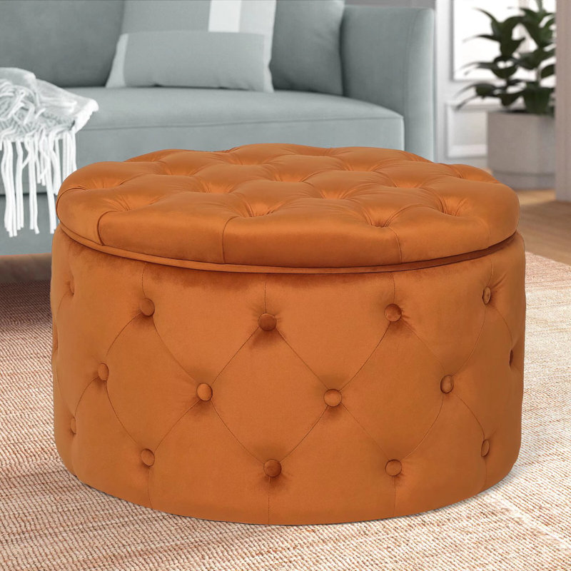 Orange Velvet Tufted Round Cocktail Ottoman with Storage