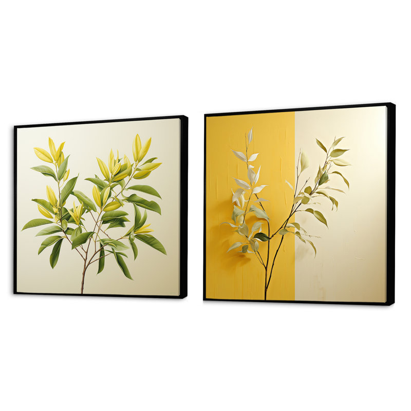 Feuilles vertes en minimalisme - ensemble de 2 feuilles carrées, Cadre flottant noir, H 16 po x l 33 po