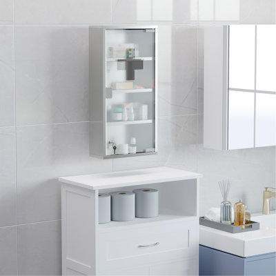 Armoire à pharmacie murale, armoire murale verrouillable avec 4 tablettes à niveaux, cadre en acier inoxydable et porte en verre, verrouillable avec 2 clés, argent, 12 po x 24 po