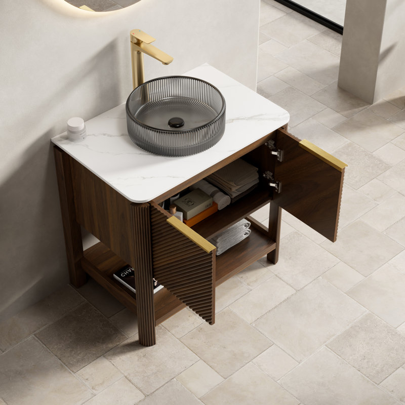 Lavabo de 30 po en verre noir transparent autoportant en noyer foncé, L 30 po