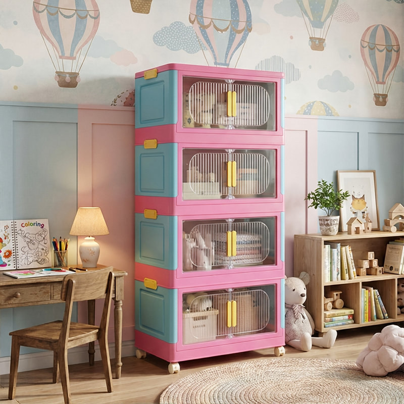Armoire de rangement pliante à 4 niveaux de 20 po de largeur avec roulettes et bac de rangement pliable en plastique avec portes magnétiques (noir / noir rétro / brun rétro / bleu-rose)