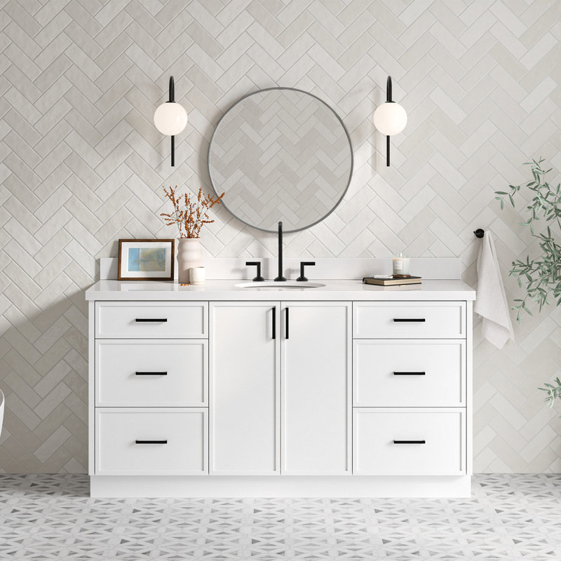 ARIEL Kelly 60 Single Sink Bathroom Vanity with Carrara Quartz Top, Rectangular, White, 67"