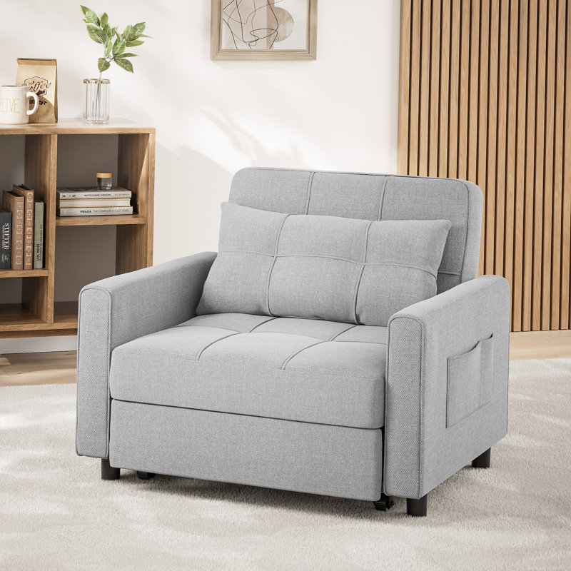 3-in-1 Convertible Accent Chair with Pillow, Adjustable Recline, Linen Fabric, Steel Frame, Gray Linen Blend