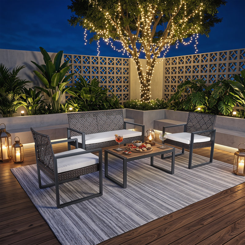 4-Piece Outdoor Conversatin set with Cushions, High-quality PE rattan Patio Furniture, Acacia Wood Table Top, Beige