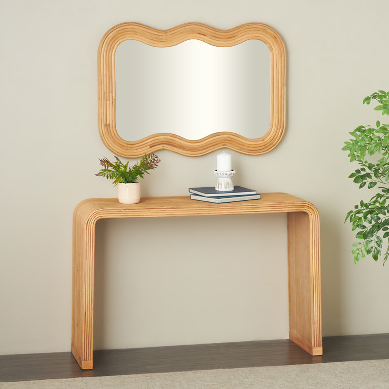Wood Handmade Ribbed Living Room Brown Console Table With Mirror Set