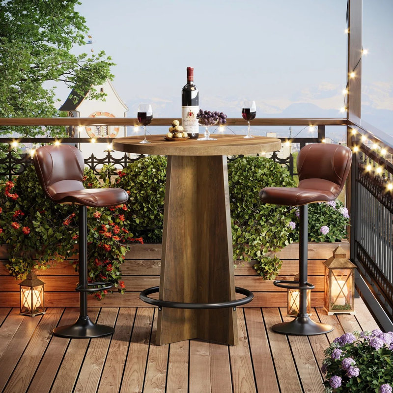 Table de bar ronde, table bistro en bois de 37,4 po de hauteur avec base à piédestal et repose-pieds en métal, Brown