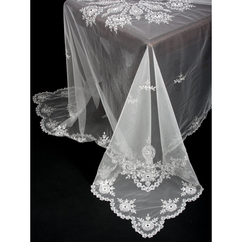 80" x 80" White Lace Embroidered Tablecloth with Beaded Accents