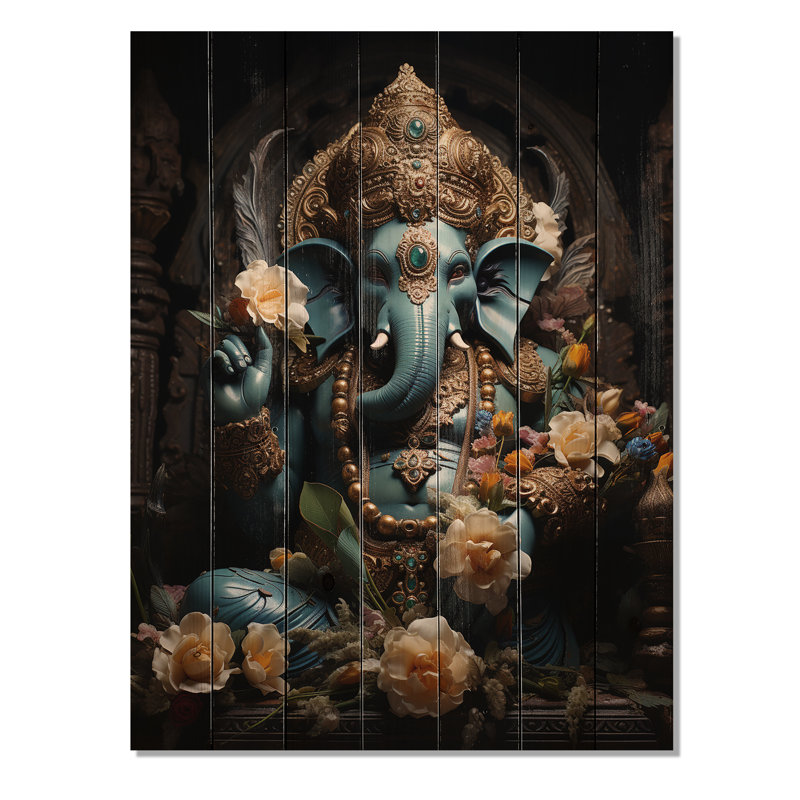 Ganesha, art indien bleu sarcelle doré - reproduction indienne sur bois de pin naturel, H 32 po x l 24 po x P 0,78 po