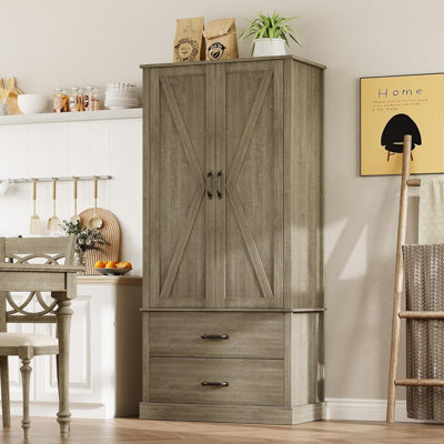 Farmhouse Kitchen Pantry Cabinet with Barn Door, Drawers and Adjustable Shelf, Rustic Wood Storage for Dining Room, Living Room, Bathroom, or Office