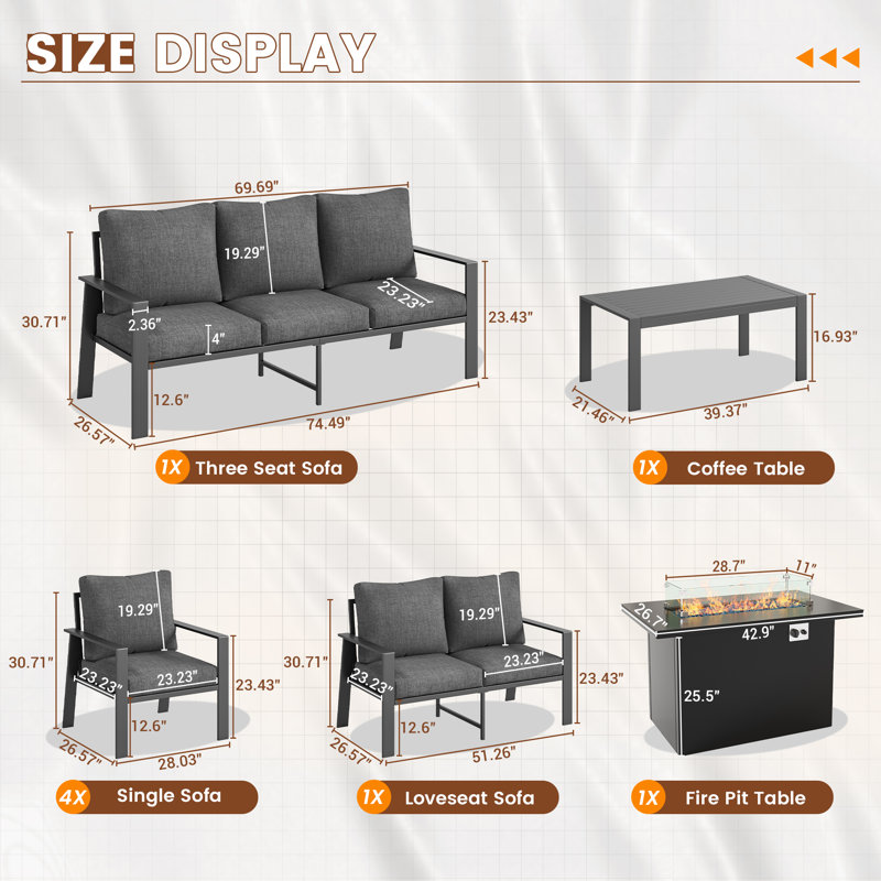 Ensemble de conversation en aluminium pour 9 personnes avec table basse Grand, Gris, Oui