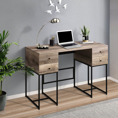 Bureau rustique en chêne et noir pour la productivité de bureau - 4 tiroirs et port avec dispositifs de chargement