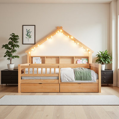 Lits plateforme en bois pleine grandeur avec DEL, tablettes de rangement, tiroirs et garde-corps