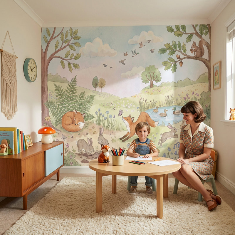 Papier peint nature, animaux, rétro, 120" x 96", Peler et coller