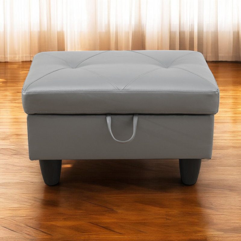 Repose-pieds capitonné rectangulaire avec rangement en similicuir de 28,5 po Orella, Similicuir gris diamant
