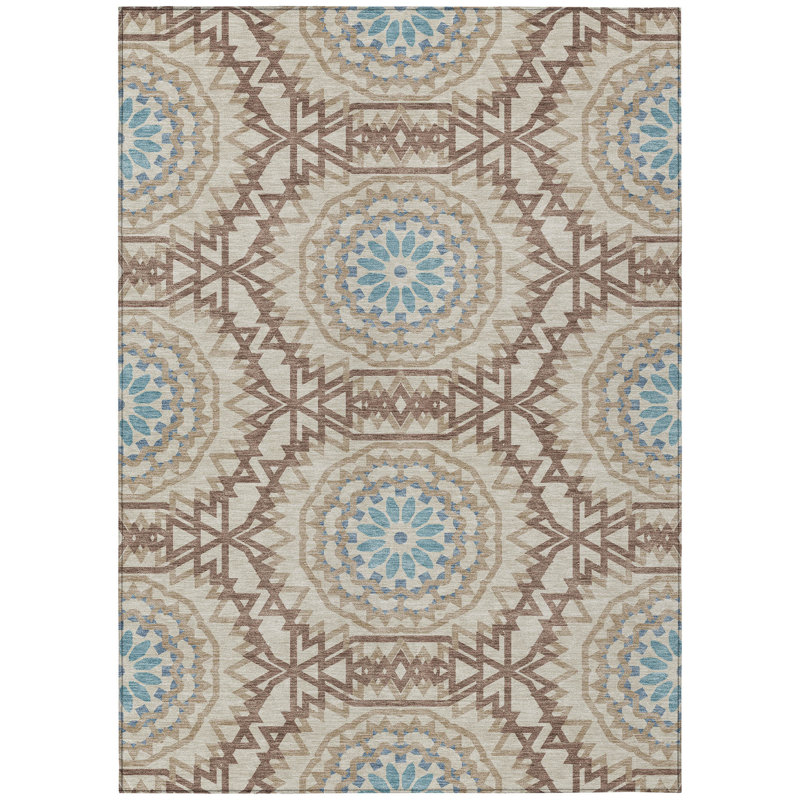 Tapis intérieur / extérieur 3 pi x 5 pi brun et taupe à motif floral médaillon lavable