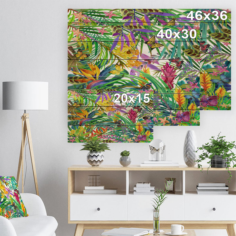 Feuilles et fleurs tropicales - impression d'art floral, H 36 po x l 46 po x P 0,78 po, Bois