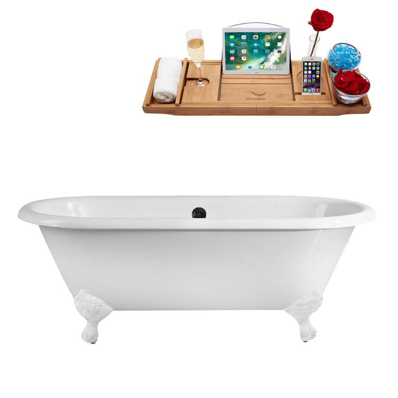 Baignoire de trempage sur pattes 66 "avec drain, pattes et plateau en bambou 66" Streamline, Blanc lustré, Noir mat