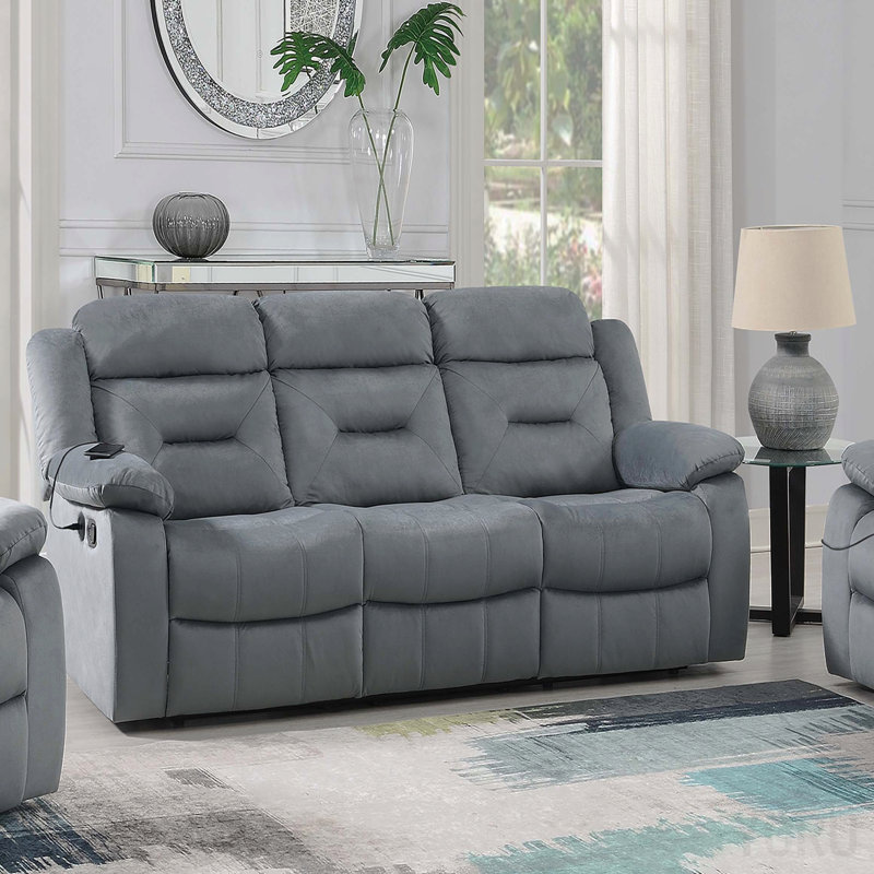 Canapé moderne manuel 1pc avec accoudoirs moelleux et dossier capitonné horizontal port USB finition gris foncé mobilier de salon principal