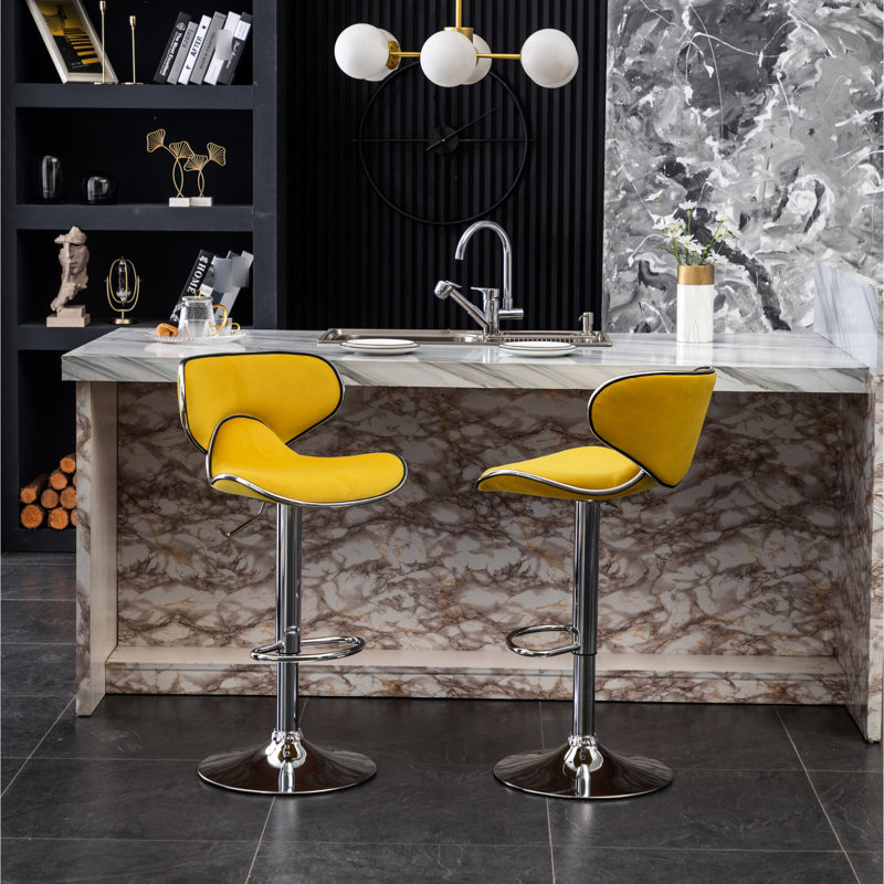 Yellow Velvet Upholstered Swivel , 2 - Robust Metal Base With Rotation And Foot Rest Air Lift Adjustable Seat Height Fine Foam Soft 2 Chromed 360° Footrest Air-lift Upholstery