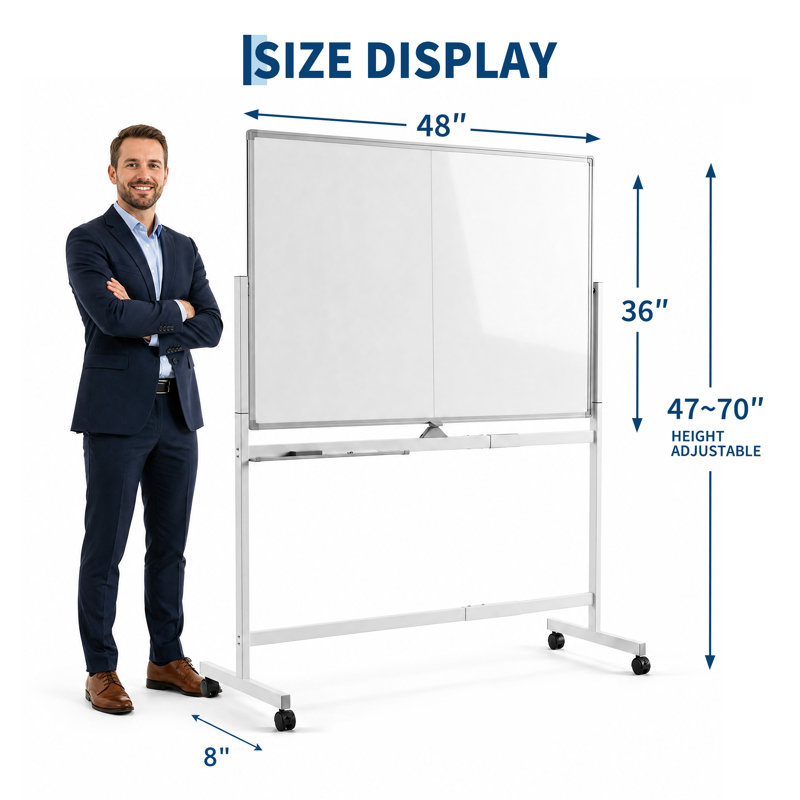 Tableau blanc magnétique rotatif effaçable à sec à double face sur roulettes avec support - roulettes verrouillables, surface facile à nettoyer, plateau de marqueurs - blanc, 48 po x 36 po