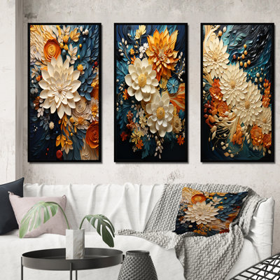 Orange Teal Botanical Whirlwind IV - 3 Piece Abstract Botanicals Wall Art