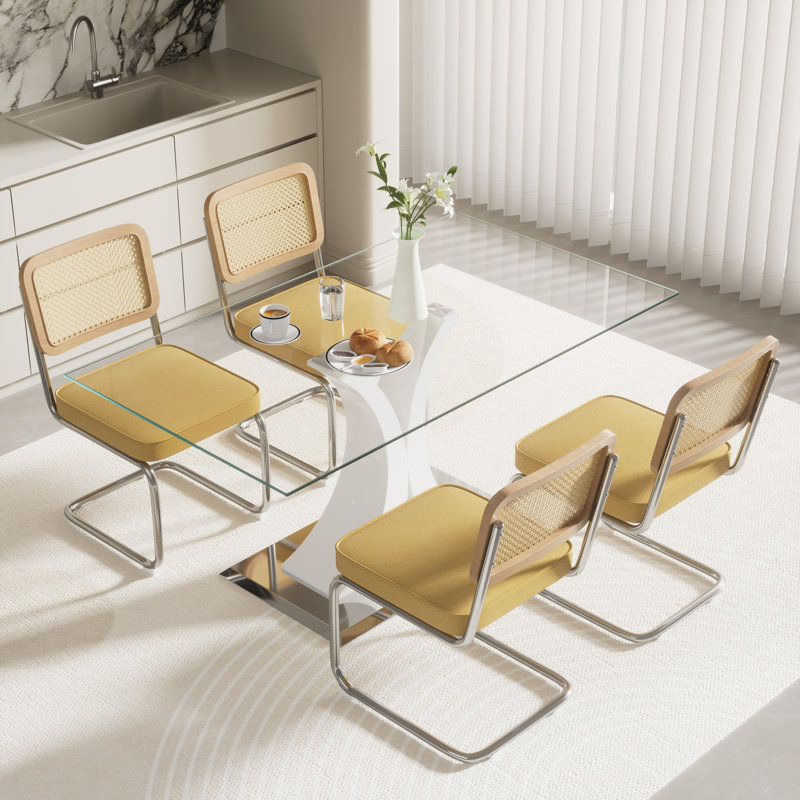 Ensemble de salle à manger rectangulaire, 5 pièces: table, 4 chaises, Blanc, Jaune