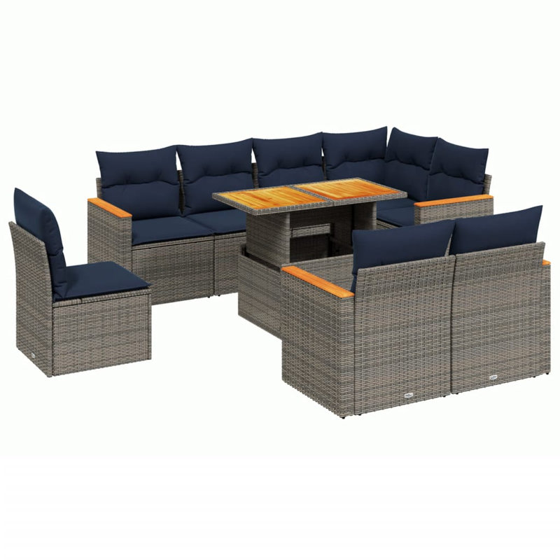  9 Piece Patio Sofa Set With Cushions Poly Rattan, Grey, Blue