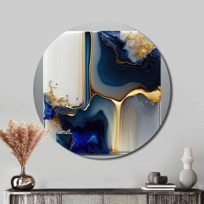 Géode abstraite, forme de marbre doré et bleu I - Art abstrait rond en métal