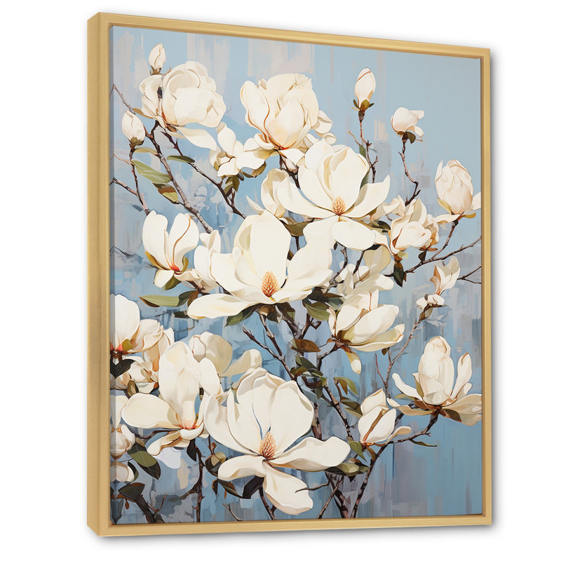 Magnolias en fleurs en blanc, H 32 po x l 24 po x P 1 po, Cadre naturel flottant