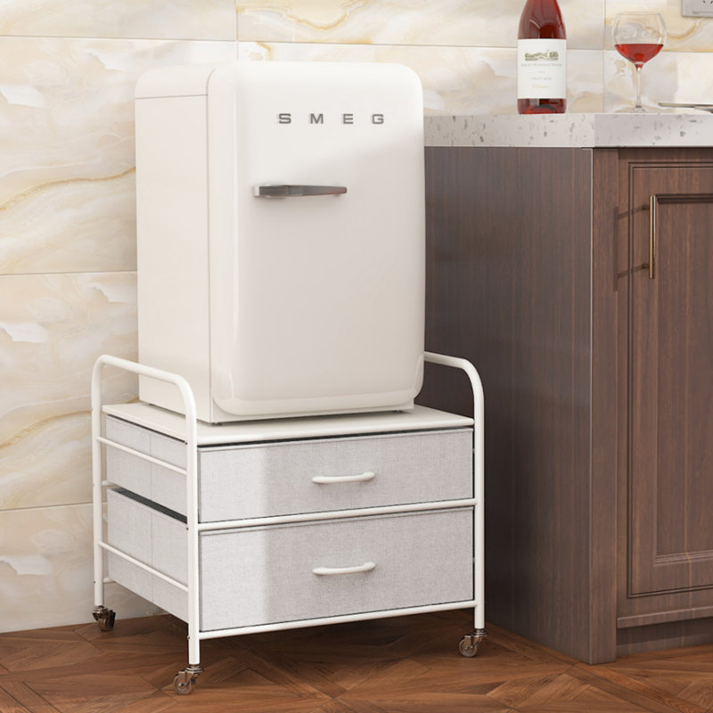 Mini Fridge Stand With Storage, 2 Drawer Fridge Cart, Dorm Fridge Table With 4 Swivel Wheels, White
