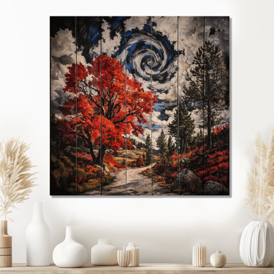 Autumn Forest Pathway In Summer II - Landscape Wood Wall Art On Natural Pine Wood