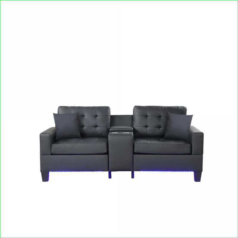 Canapés-lits | Canapé moderne l 85 po pour salon noir, lumières DEL, chargeur USB | noir | tissu en PVC