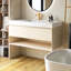 Meuble-lavabo flottant pré-assemblé en contreplaqué avec plateau en pierre frittée Calacatta Gold, lavabo encastré en céramique et capteur de lumière, finition texture travertin