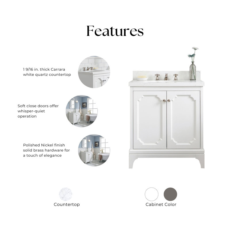 Queen 30" Sink Carrara Quartz Countertop Bath Vanity with Faucet, Pure White, Standard
