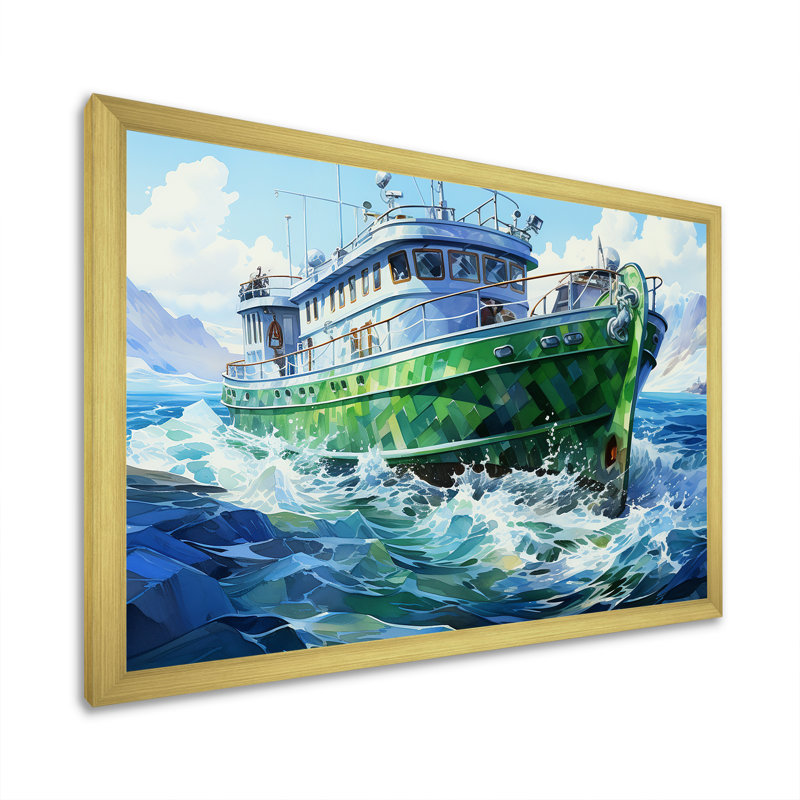 «Green Cubist», art mural mural, H 16 po x l 32 po x P 1 po, Cadre doré à coins fermés