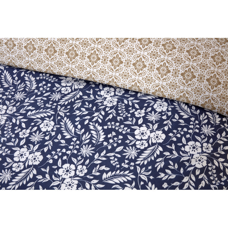 ELEANOR Polyester Floral Duvet Cover Set with Pillowcases Included, 3, Double, Navy