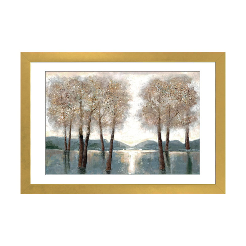 «Approche des bois encadrée sur papier» par Doris Charest, reproduction, H 16 po x l 24 po x P 1 po, Encadrement doré