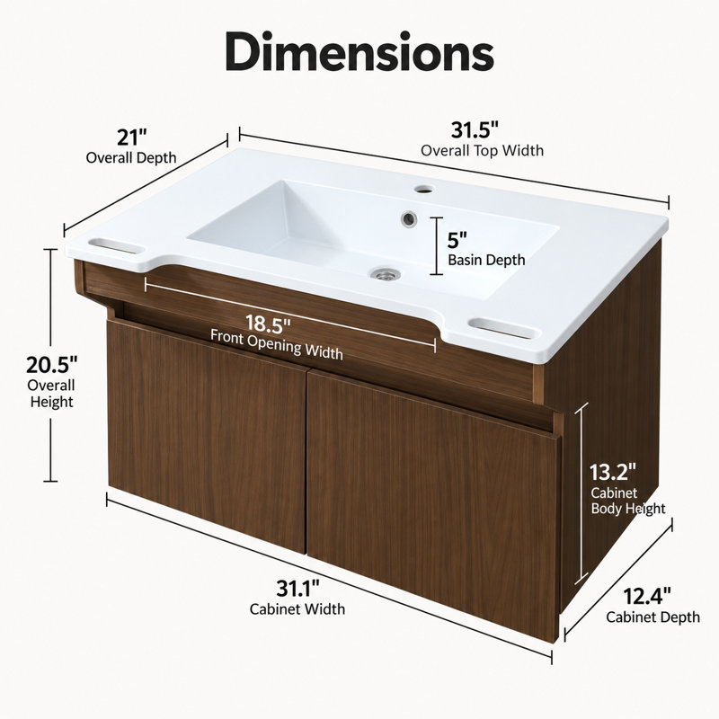 32" Resin Sink Wall-Mounted Bathroom Vanity with Motion-Sensor LED Light, Side Handles & ADA-Friendly Design, Walnut
