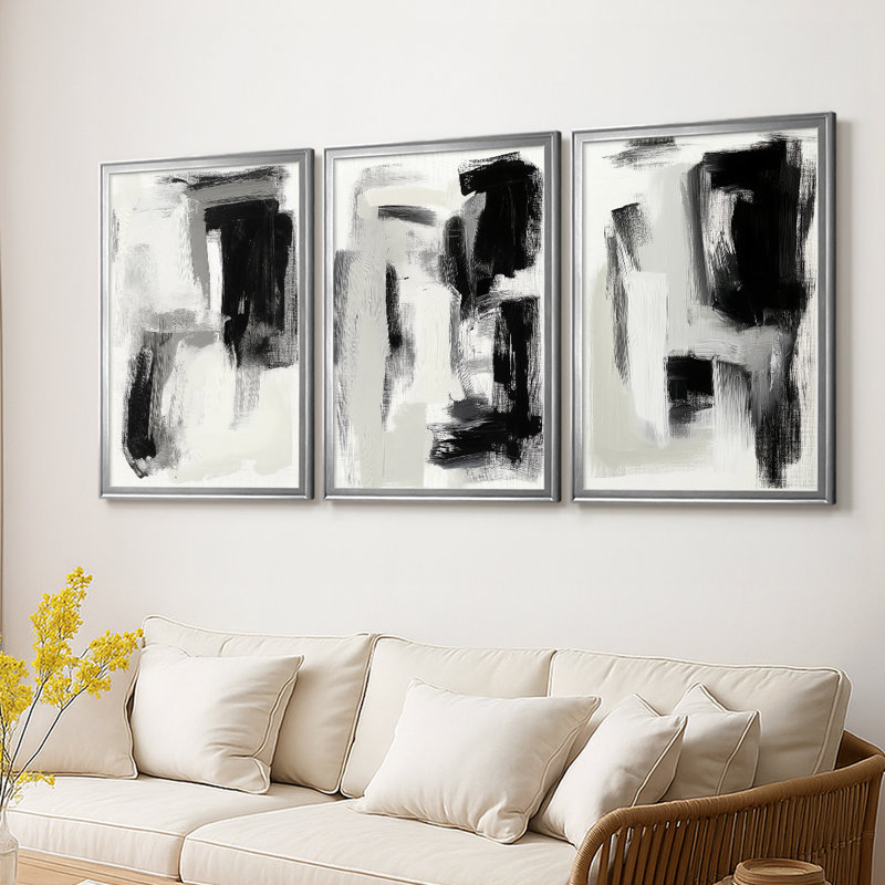 ABSTRACT Series DCCLxx - Toile tendue avec châssis sur mesure - 3 pièces, Argent argent, H 21 po x l 30 po