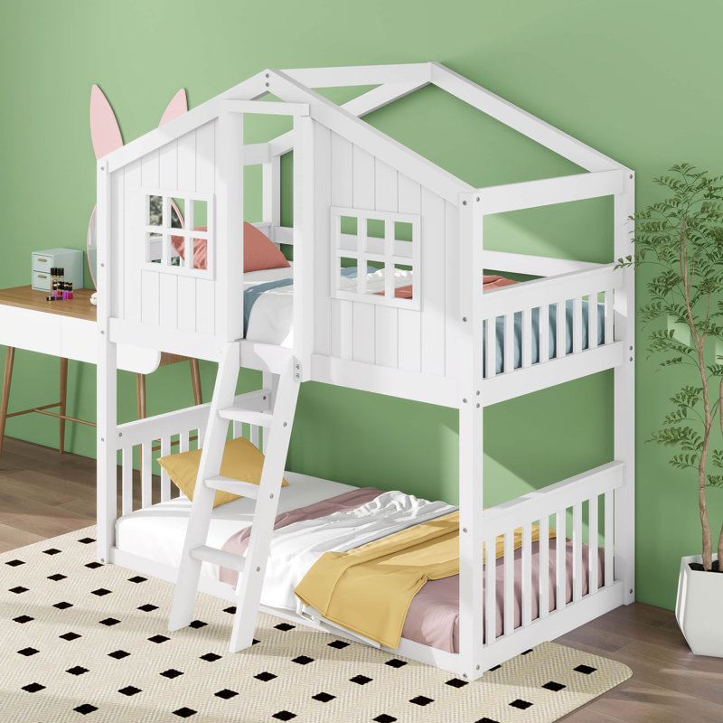 Twin Over Twin House Bunk Bed For Kids, Wood Bunk Beds With Roof, Windows, Window Box And Small Door, Floor Bunk Beds With Ladder