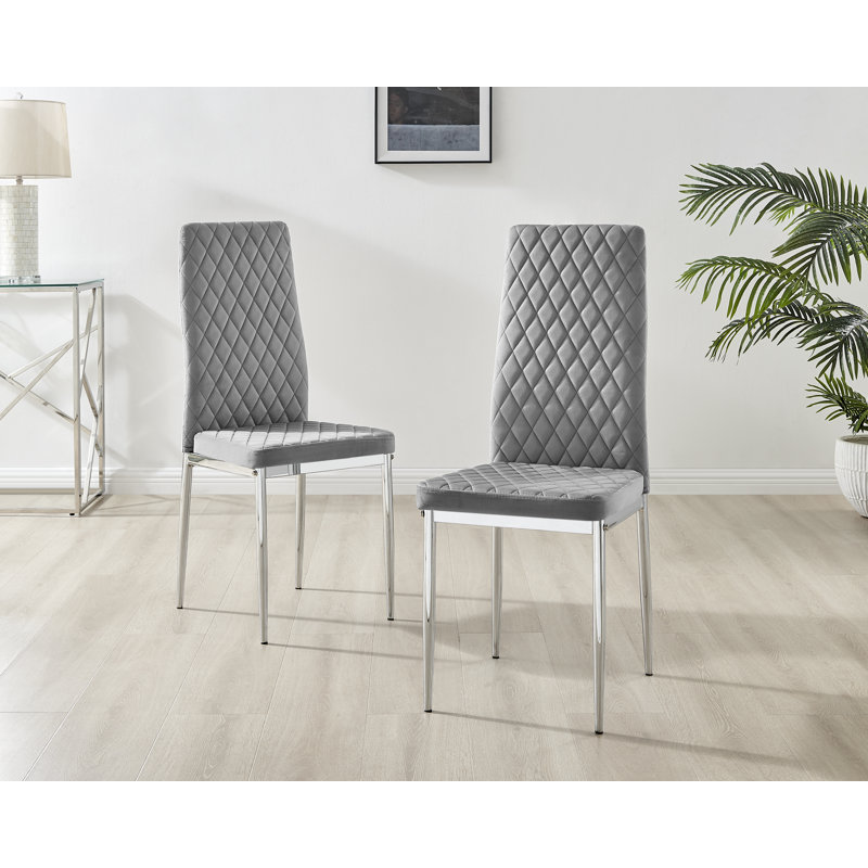 Ameka Luxury Velvet Modern Tall Back Dining Chairs with Metal Legs & Diamond Stitching, Grey, Silver