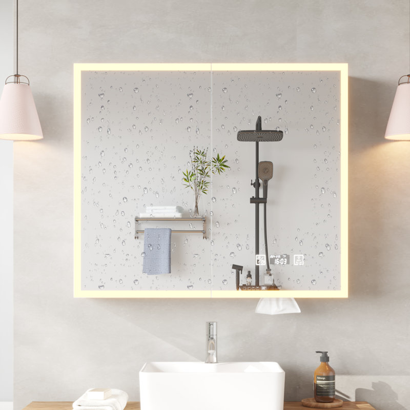 White Particleboard LED Mirror Cabinet With 2 USB