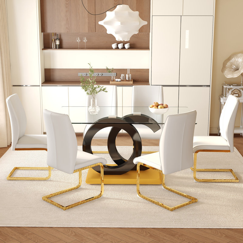 Ensemble de salle à manger de luxe en verre trempé avec 6 chaises en polyuréthane blanc haute résilience et pieds en métal doré
