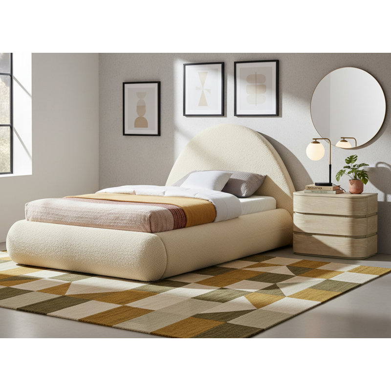 Rudy Upholstered Bed, Beige Faux Shearling Teddy Fabric, Twin