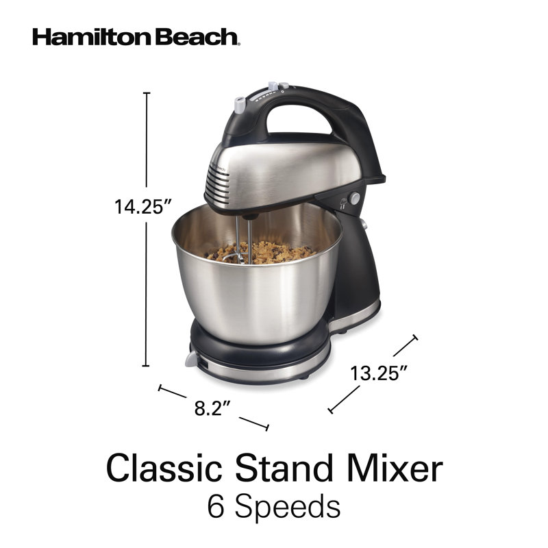  Hamilton Beach Classic Stand Mixer, 4 Quart Stainless Steel Bowl, 6 Speeds, Black, 64650, Silver/Black